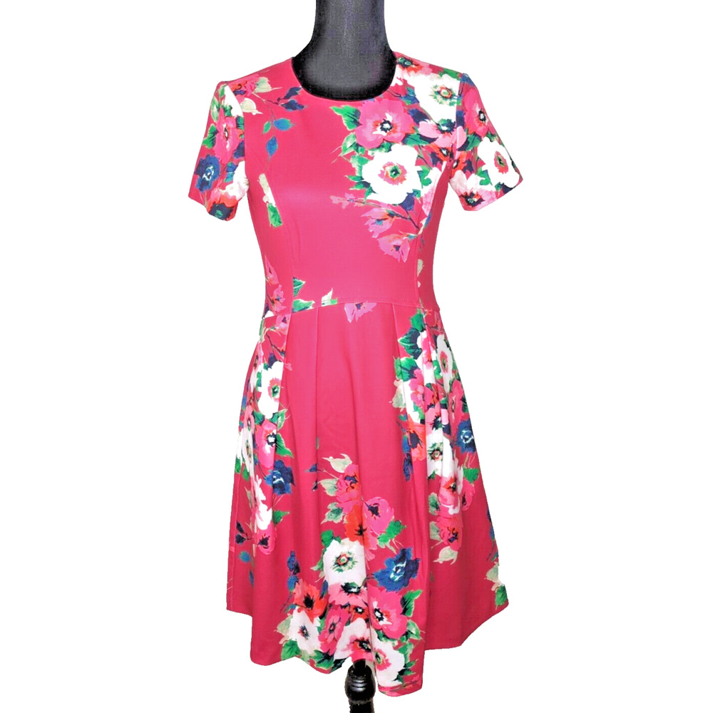 Eliza J Dress Size 4 Deep Pink Floral Short Sleeve Cottagecore Casual Wedding